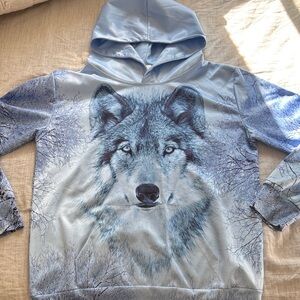 Kids' Wolf Graphic Hoodie in Light Blue Boys Size Large